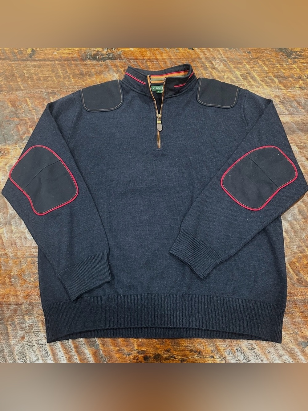 Orvis Men's Navy Zip-Neck Morino wool Sweater with‎ Elbow Patches L